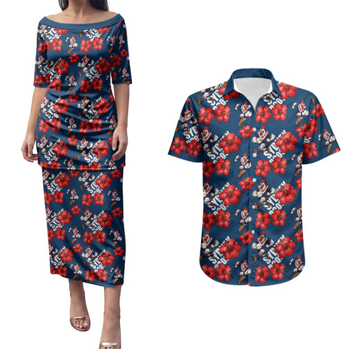 Sydney Roosters Couples Matching Puletasi and Hawaiian Shirt Tropical Hibiscus Floral Seamless Rugby Mascot
