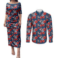 Sydney Roosters Couples Matching Puletasi and Long Sleeve Button Shirt Tropical Hibiscus Floral Seamless Rugby Mascot