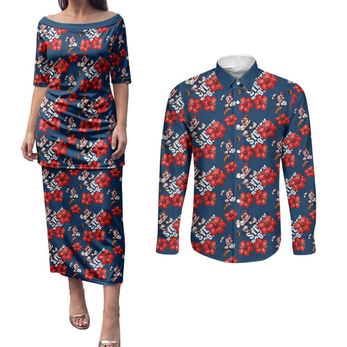 Sydney Roosters Couples Matching Puletasi and Long Sleeve Button Shirt Tropical Hibiscus Floral Seamless Rugby Mascot