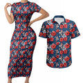 Sydney Roosters Couples Matching Short Sleeve Bodycon Dress and Hawaiian Shirt Tropical Hibiscus Floral Seamless Rugby Mascot