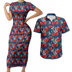 Sydney Roosters Couples Matching Short Sleeve Bodycon Dress and Hawaiian Shirt Tropical Hibiscus Floral Seamless Rugby Mascot