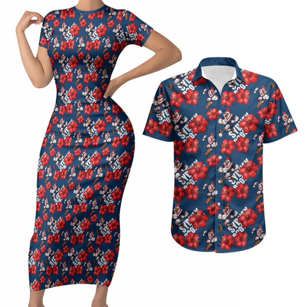 Sydney Roosters Couples Matching Short Sleeve Bodycon Dress and Hawaiian Shirt Tropical Hibiscus Floral Seamless Rugby Mascot