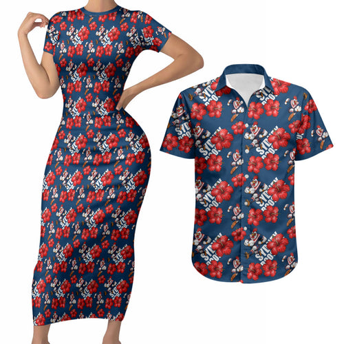 Sydney Roosters Couples Matching Short Sleeve Bodycon Dress and Hawaiian Shirt Tropical Hibiscus Floral Seamless Rugby Mascot