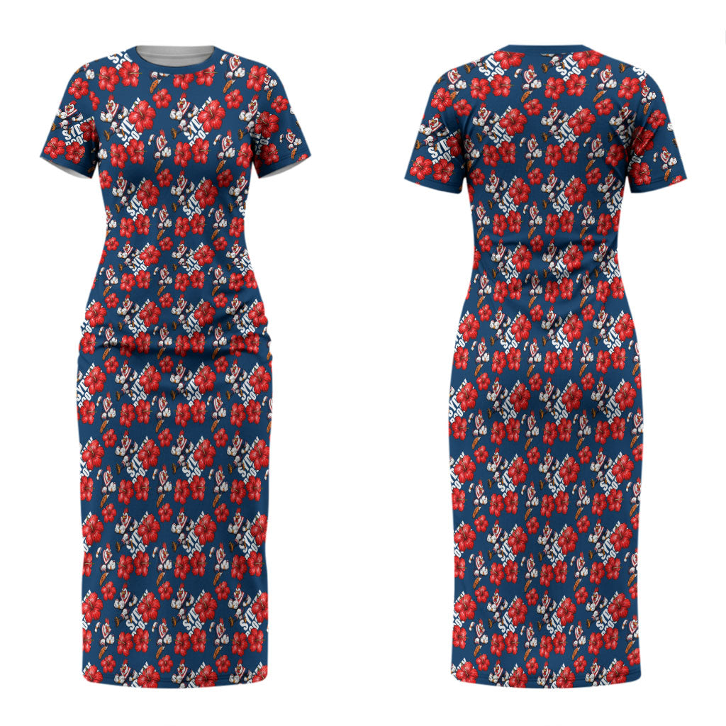 Sydney Roosters Couples Matching Short Sleeve Bodycon Dress and Hawaiian Shirt Tropical Hibiscus Floral Seamless Rugby Mascot