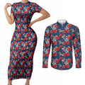 Sydney Roosters Couples Matching Short Sleeve Bodycon Dress and Long Sleeve Button Shirt Tropical Hibiscus Floral Seamless Rugby Mascot