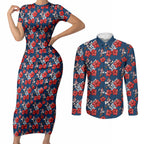 Sydney Roosters Couples Matching Short Sleeve Bodycon Dress and Long Sleeve Button Shirt Tropical Hibiscus Floral Seamless Rugby Mascot