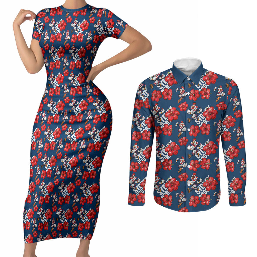 Sydney Roosters Couples Matching Short Sleeve Bodycon Dress and Long Sleeve Button Shirt Tropical Hibiscus Floral Seamless Rugby Mascot