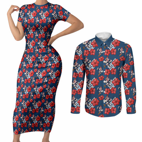 Sydney Roosters Couples Matching Short Sleeve Bodycon Dress and Long Sleeve Button Shirt Tropical Hibiscus Floral Seamless Rugby Mascot