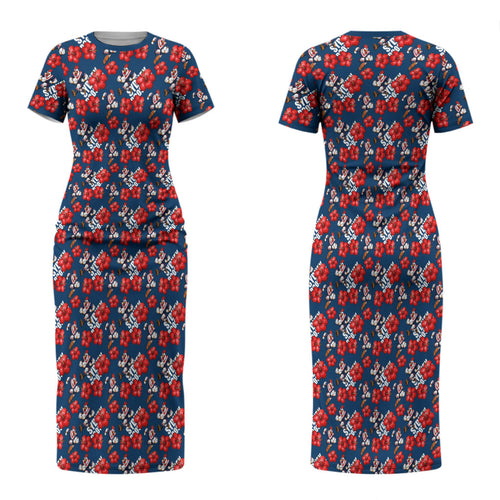 Sydney Roosters Couples Matching Short Sleeve Bodycon Dress and Long Sleeve Button Shirt Tropical Hibiscus Floral Seamless Rugby Mascot