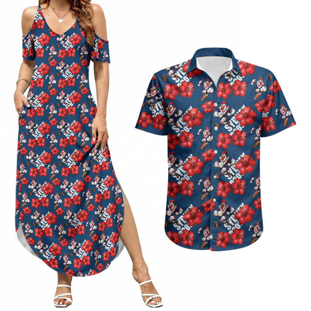 Sydney Roosters Couples Matching Summer Maxi Dress and Hawaiian Shirt Tropical Hibiscus Floral Seamless Rugby Mascot