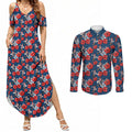 Sydney Roosters Couples Matching Summer Maxi Dress and Long Sleeve Button Shirt Tropical Hibiscus Floral Seamless Rugby Mascot