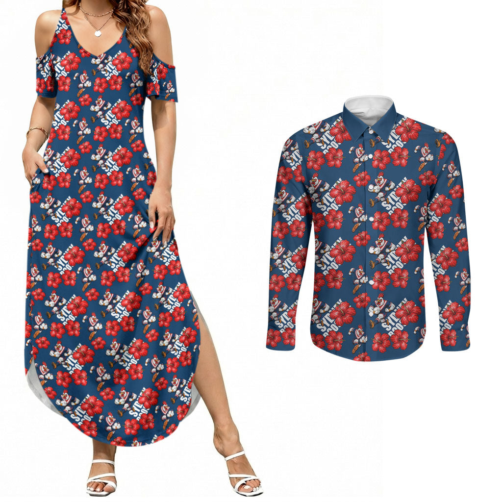 Sydney Roosters Couples Matching Summer Maxi Dress and Long Sleeve Button Shirt Tropical Hibiscus Floral Seamless Rugby Mascot