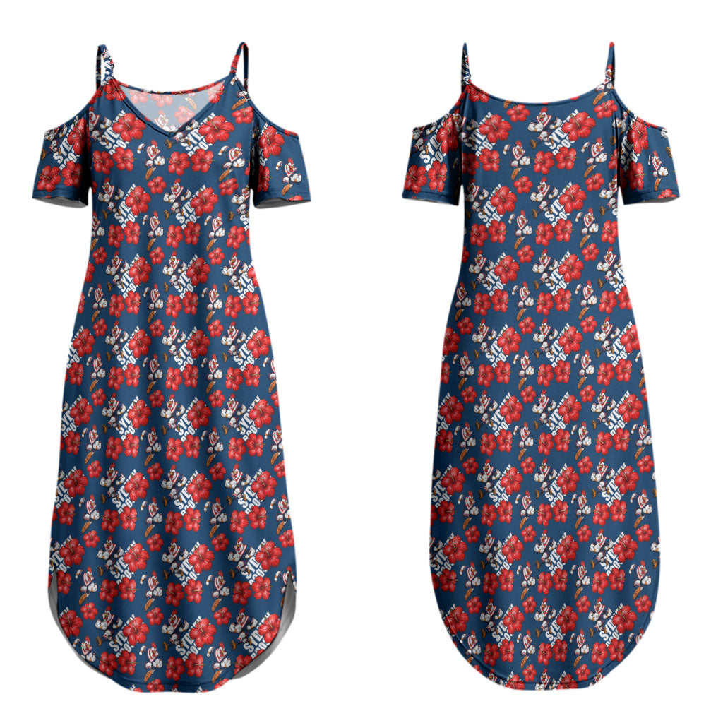 Sydney Roosters Couples Matching Summer Maxi Dress and Long Sleeve Button Shirt Tropical Hibiscus Floral Seamless Rugby Mascot
