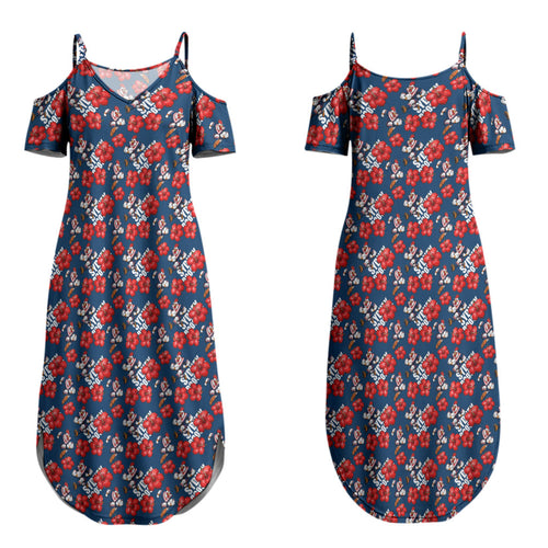 Sydney Roosters Couples Matching Summer Maxi Dress and Long Sleeve Button Shirt Tropical Hibiscus Floral Seamless Rugby Mascot