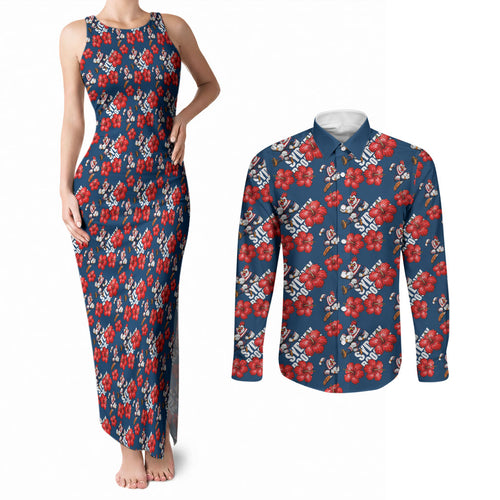 Sydney Roosters Couples Matching Tank Maxi Dress and Long Sleeve Button Shirt Tropical Hibiscus Floral Seamless Rugby Mascot