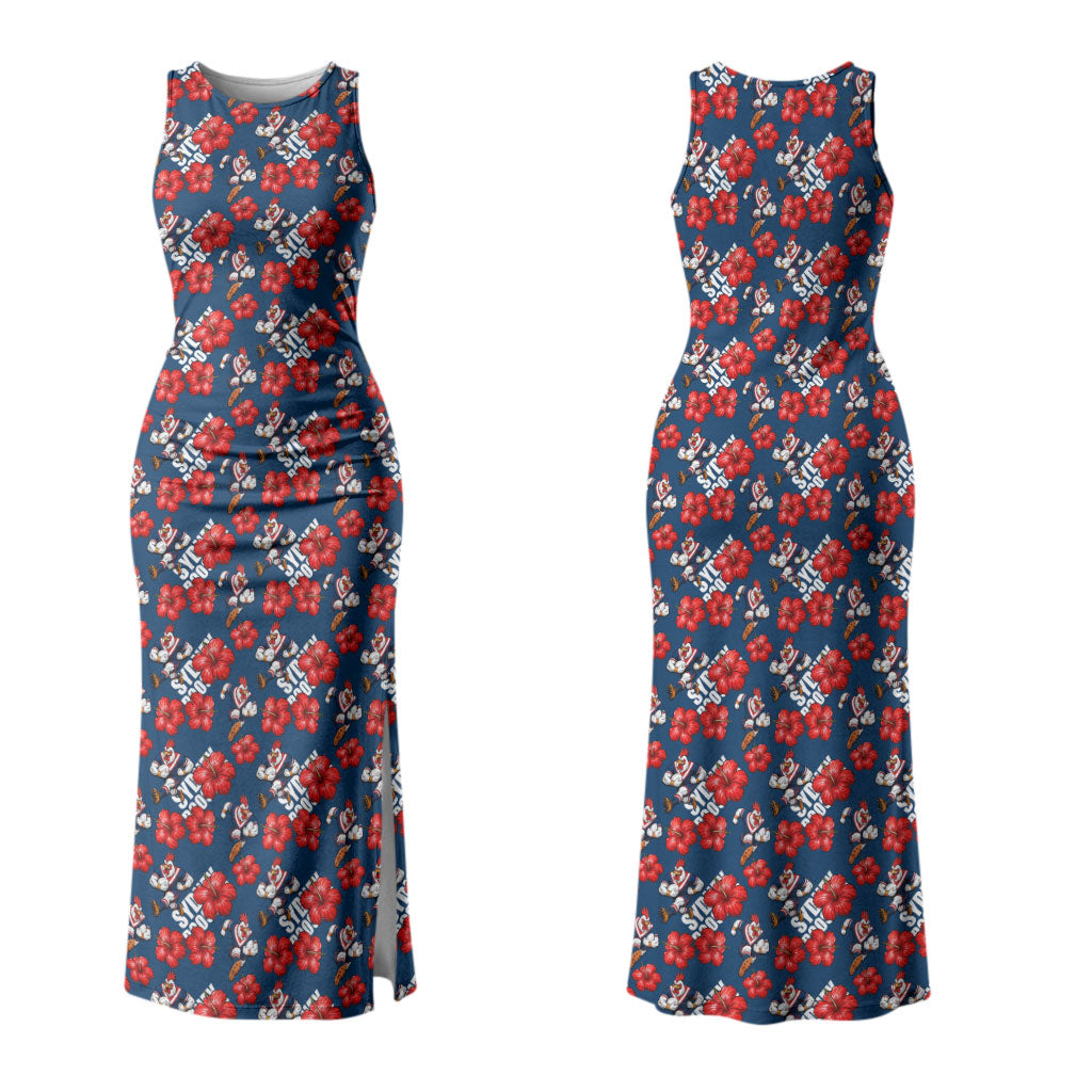 Sydney Roosters Couples Matching Tank Maxi Dress and Long Sleeve Button Shirt Tropical Hibiscus Floral Seamless Rugby Mascot