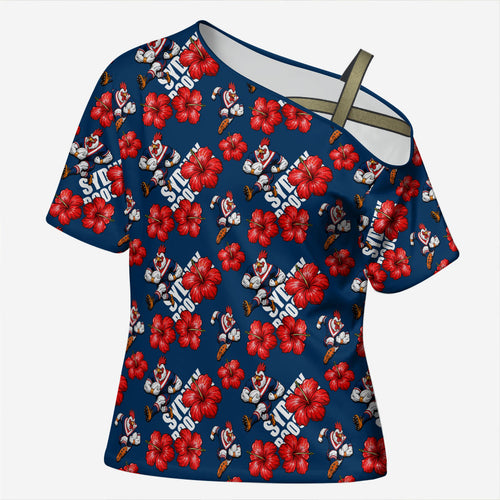Sydney Roosters Cross Shoulder Shirt Tropical Hibiscus Floral Seamless Rugby Mascot