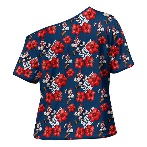 Sydney Roosters Cross Shoulder Shirt Tropical Hibiscus Floral Seamless Rugby Mascot