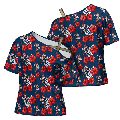 Sydney Roosters Cross Shoulder Shirt Tropical Hibiscus Floral Seamless Rugby Mascot