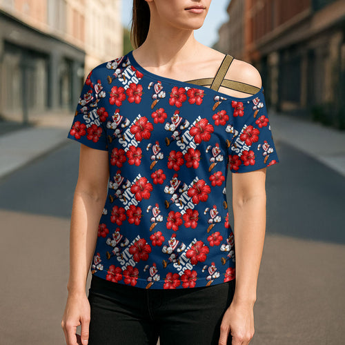 Sydney Roosters Cross Shoulder Shirt Tropical Hibiscus Floral Seamless Rugby Mascot