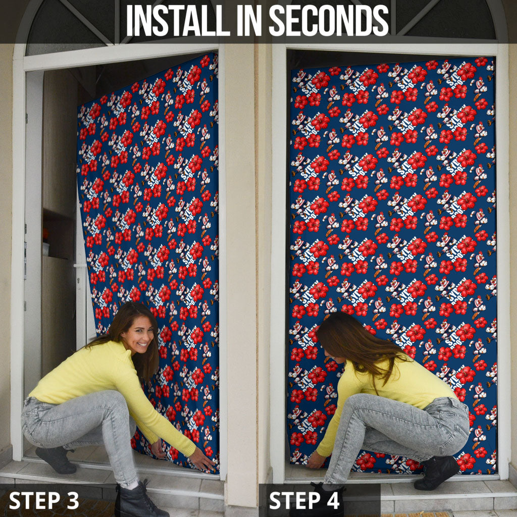 Sydney Roosters Door Cover Tropical Hibiscus Floral Seamless Rugby Mascot