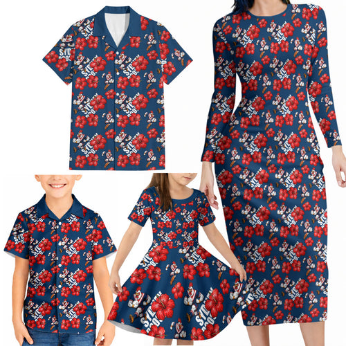 Sydney Roosters Family Matching Long Sleeve Bodycon Dress and Hawaiian Shirt Tropical Hibiscus Floral Seamless Rugby Mascot