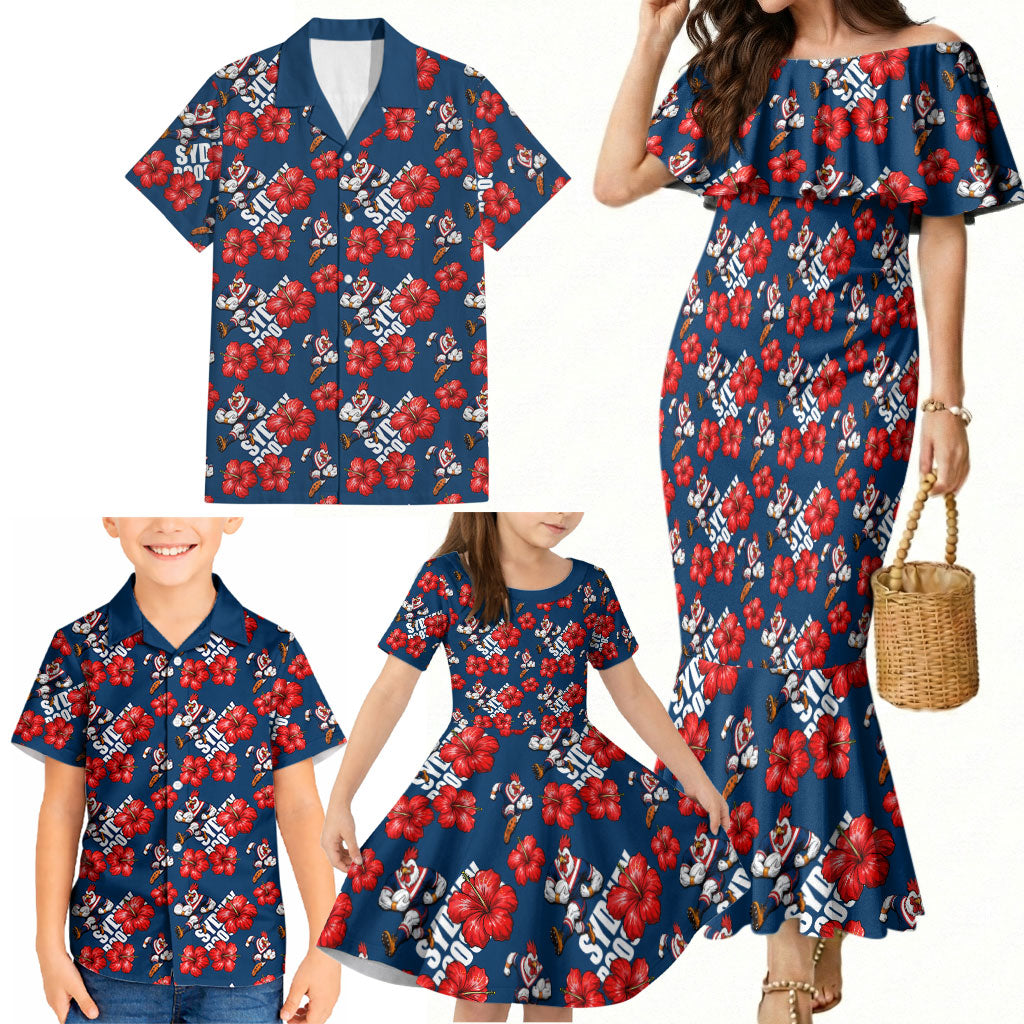 Sydney Roosters Family Matching Mermaid Dress and Hawaiian Shirt Tropical Hibiscus Floral Seamless Rugby Mascot