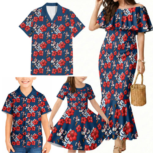 Sydney Roosters Family Matching Mermaid Dress and Hawaiian Shirt Tropical Hibiscus Floral Seamless Rugby Mascot