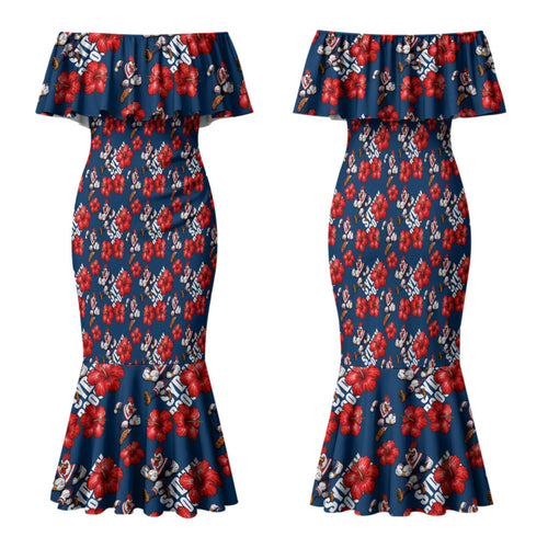 Sydney Roosters Family Matching Mermaid Dress and Hawaiian Shirt Tropical Hibiscus Floral Seamless Rugby Mascot