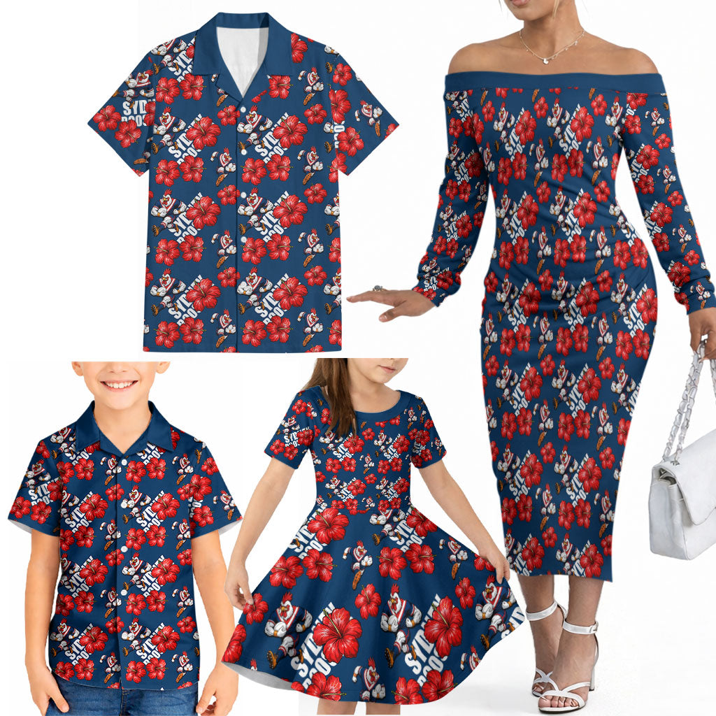 Sydney Roosters Family Matching Off The Shoulder Long Sleeve Dress and Hawaiian Shirt Tropical Hibiscus Floral Seamless Rugby Mascot