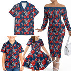 Sydney Roosters Family Matching Off The Shoulder Long Sleeve Dress and Hawaiian Shirt Tropical Hibiscus Floral Seamless Rugby Mascot