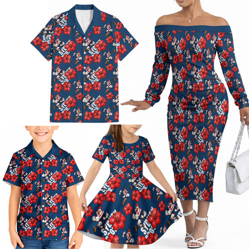 Sydney Roosters Family Matching Off The Shoulder Long Sleeve Dress and Hawaiian Shirt Tropical Hibiscus Floral Seamless Rugby Mascot