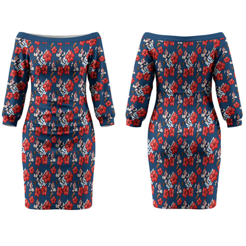 Sydney Roosters Family Matching Off The Shoulder Long Sleeve Dress and Hawaiian Shirt Tropical Hibiscus Floral Seamless Rugby Mascot