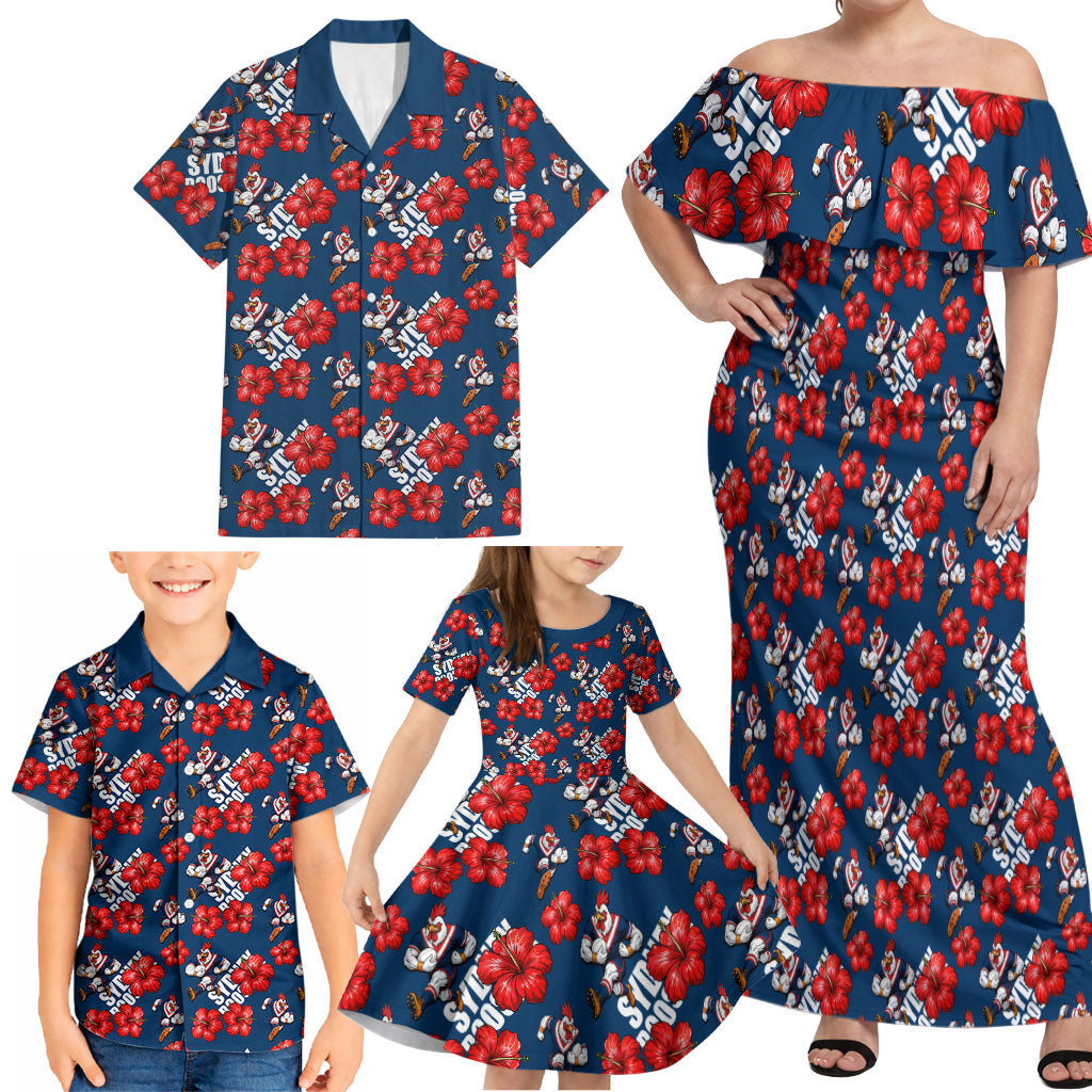 Sydney Roosters Family Matching Off Shoulder Maxi Dress and Hawaiian Shirt Tropical Hibiscus Floral Seamless Rugby Mascot