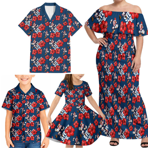 Sydney Roosters Family Matching Off Shoulder Maxi Dress and Hawaiian Shirt Tropical Hibiscus Floral Seamless Rugby Mascot