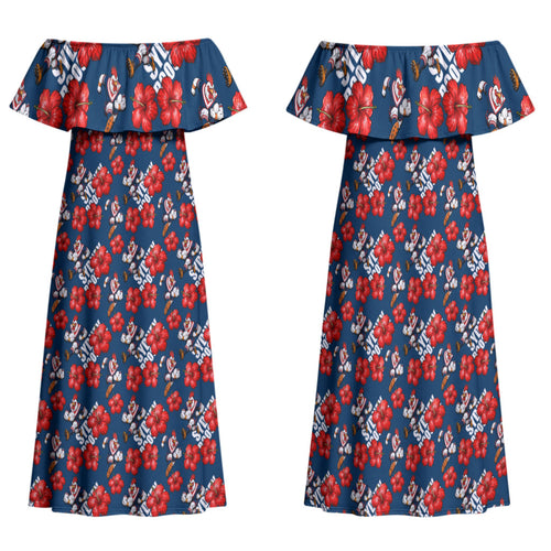 Sydney Roosters Family Matching Off Shoulder Maxi Dress and Hawaiian Shirt Tropical Hibiscus Floral Seamless Rugby Mascot