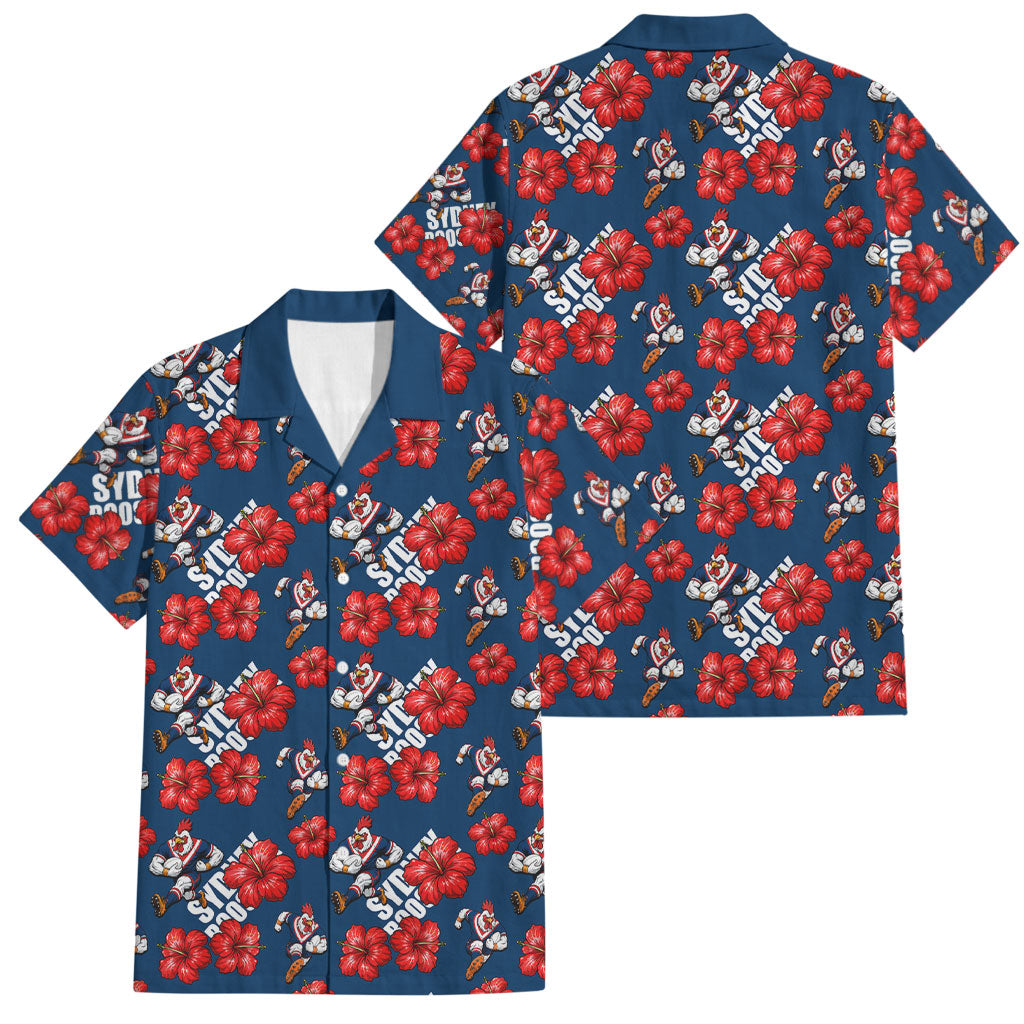 Sydney Roosters Family Matching Off Shoulder Maxi Dress and Hawaiian Shirt Tropical Hibiscus Floral Seamless Rugby Mascot