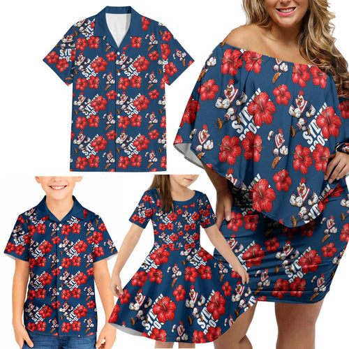 Sydney Roosters Family Matching Off Shoulder Short Dress and Hawaiian Shirt Tropical Hibiscus Floral Seamless Rugby Mascot