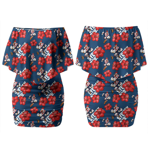 Sydney Roosters Family Matching Off Shoulder Short Dress and Hawaiian Shirt Tropical Hibiscus Floral Seamless Rugby Mascot