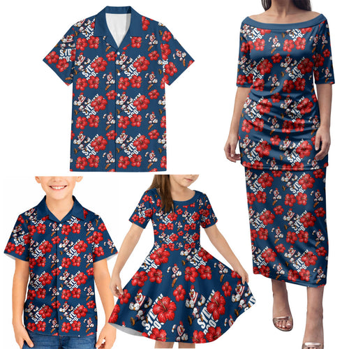 Sydney Roosters Family Matching Puletasi and Hawaiian Shirt Tropical Hibiscus Floral Seamless Rugby Mascot