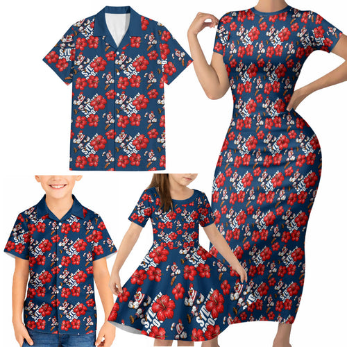 Sydney Roosters Family Matching Short Sleeve Bodycon Dress and Hawaiian Shirt Tropical Hibiscus Floral Seamless Rugby Mascot
