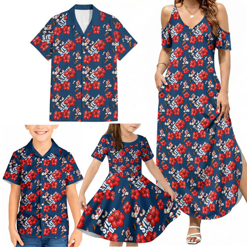 Sydney Roosters Family Matching Summer Maxi Dress and Hawaiian Shirt Tropical Hibiscus Floral Seamless Rugby Mascot