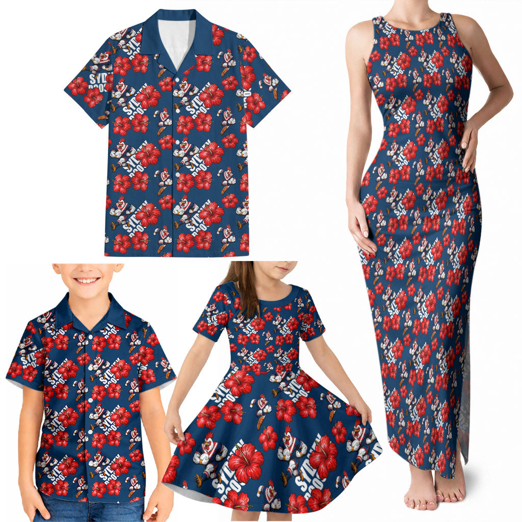 Sydney Roosters Family Matching Tank Maxi Dress and Hawaiian Shirt Tropical Hibiscus Floral Seamless Rugby Mascot