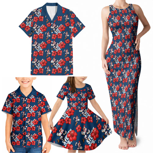 Sydney Roosters Family Matching Tank Maxi Dress and Hawaiian Shirt Tropical Hibiscus Floral Seamless Rugby Mascot