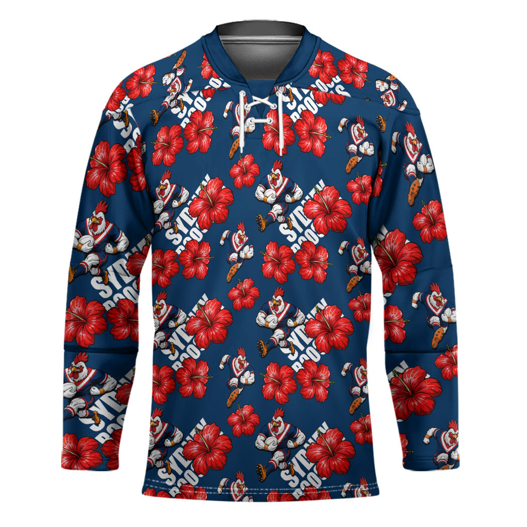 Sydney Roosters Hockey Jersey Tropical Hibiscus Floral Seamless Rugby Mascot