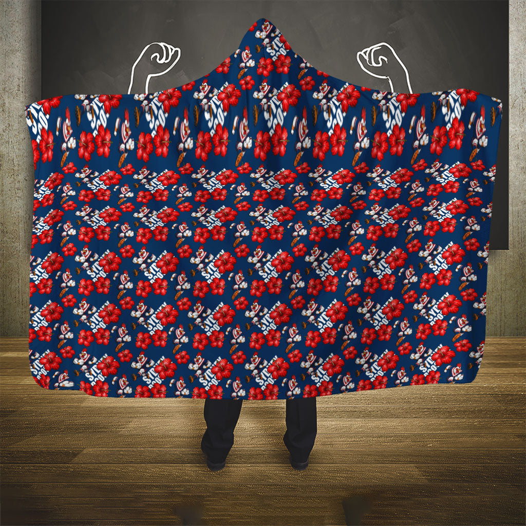 Sydney Roosters Hooded Blanket Tropical Hibiscus Floral Seamless Rugby Mascot