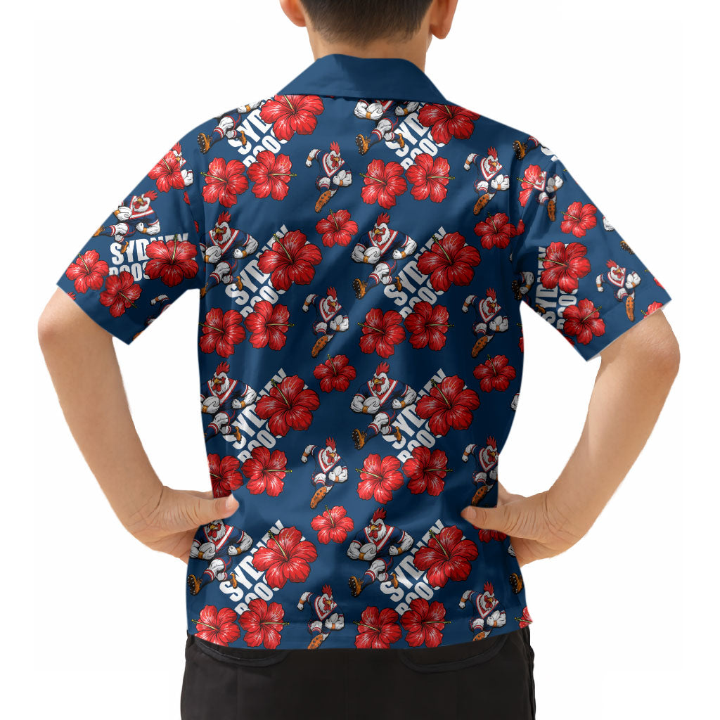 Sydney Roosters Kid Hawaiian Shirt Tropical Hibiscus Floral Seamless Rugby Mascot