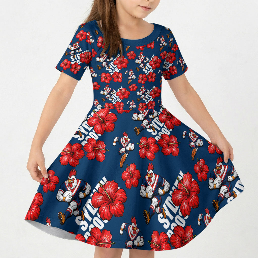 Sydney Roosters Kid Short Sleeve Dress Tropical Hibiscus Floral Seamless Rugby Mascot