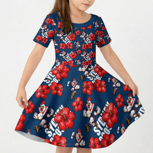 Sydney Roosters Kid Short Sleeve Dress Tropical Hibiscus Floral Seamless Rugby Mascot
