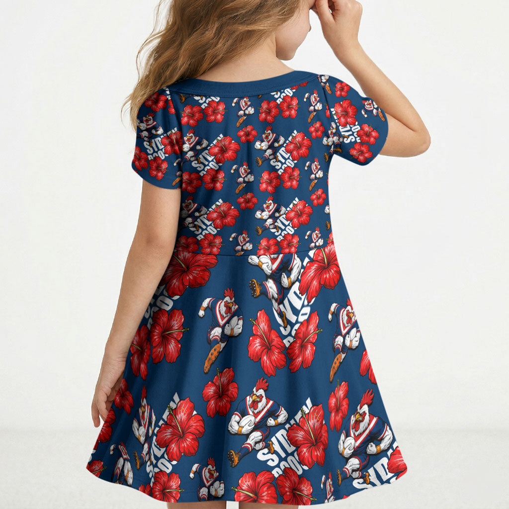 Sydney Roosters Kid Short Sleeve Dress Tropical Hibiscus Floral Seamless Rugby Mascot